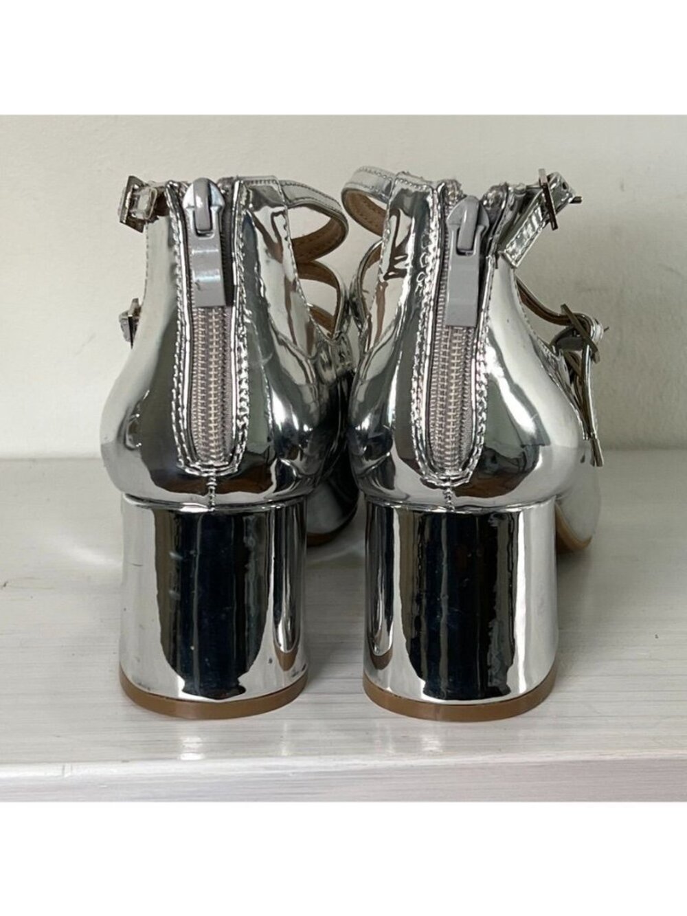 Silver Mirror Mary Jane Heel Women 7 Block Heel Y2K Party Disco Shoes Retro Glam - Picture 2 of 11